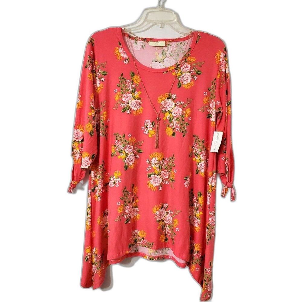 Bobbie Brooks Womens Sz Large Coral Tunic Top Gold Tone Necklace Shark Bite Hem